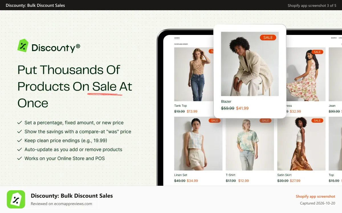 Discounty: Bulk Discount Sales Shopify app screenshot: Put thousands of products on sale at once with bulk edit