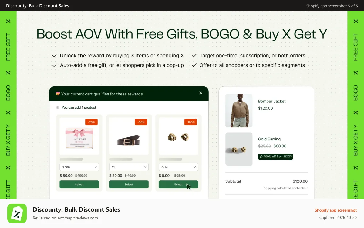 Discounty: Bulk Discount Sales Shopify app screenshot: Buy more get more, BOGO, Buy one Get one, Free gift discount