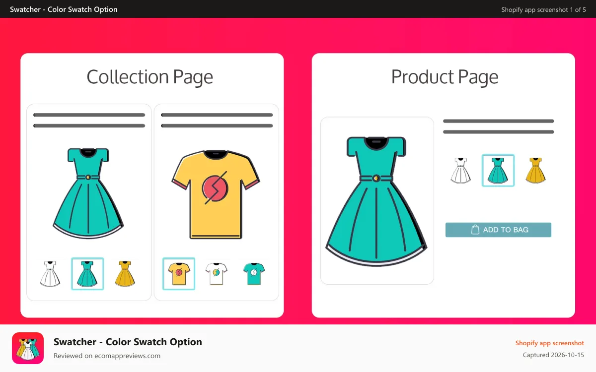 Swatcher ‑ Color Swatch Option Shopify app screenshot: Color product variant swatches options collection product page