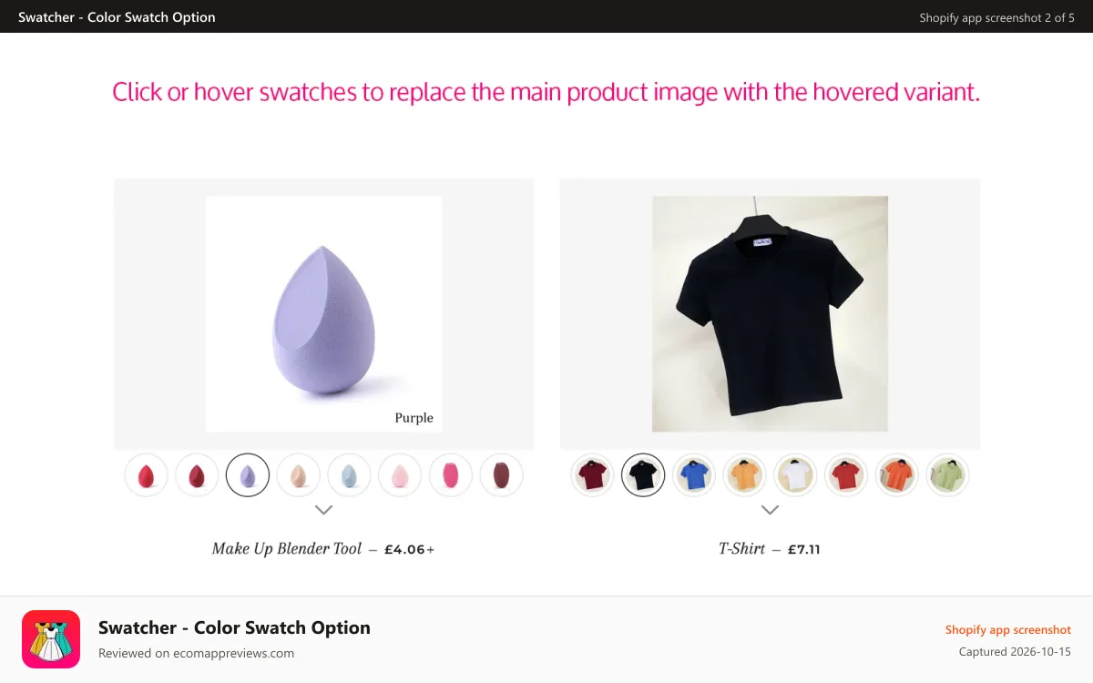 Swatcher ‑ Color Swatch Option Shopify app screenshot: Product variant swatches on the collection page