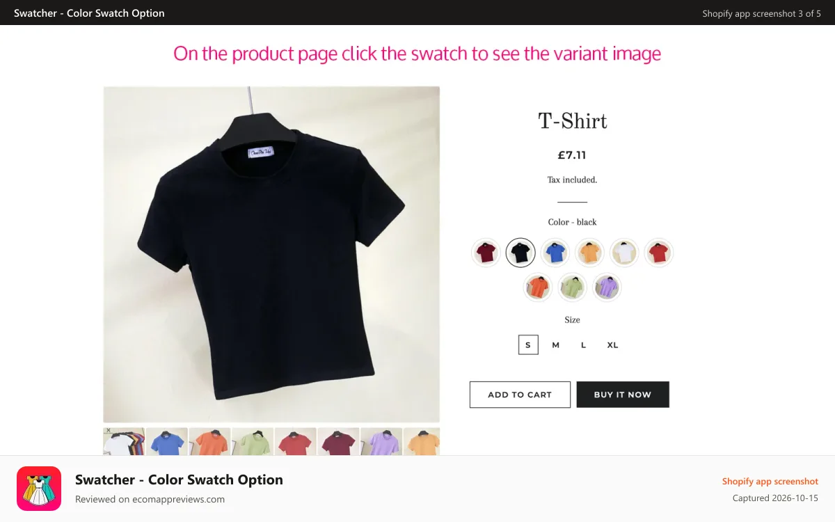 Swatcher ‑ Color Swatch Option Shopify app screenshot: Product variant swatches on the product page