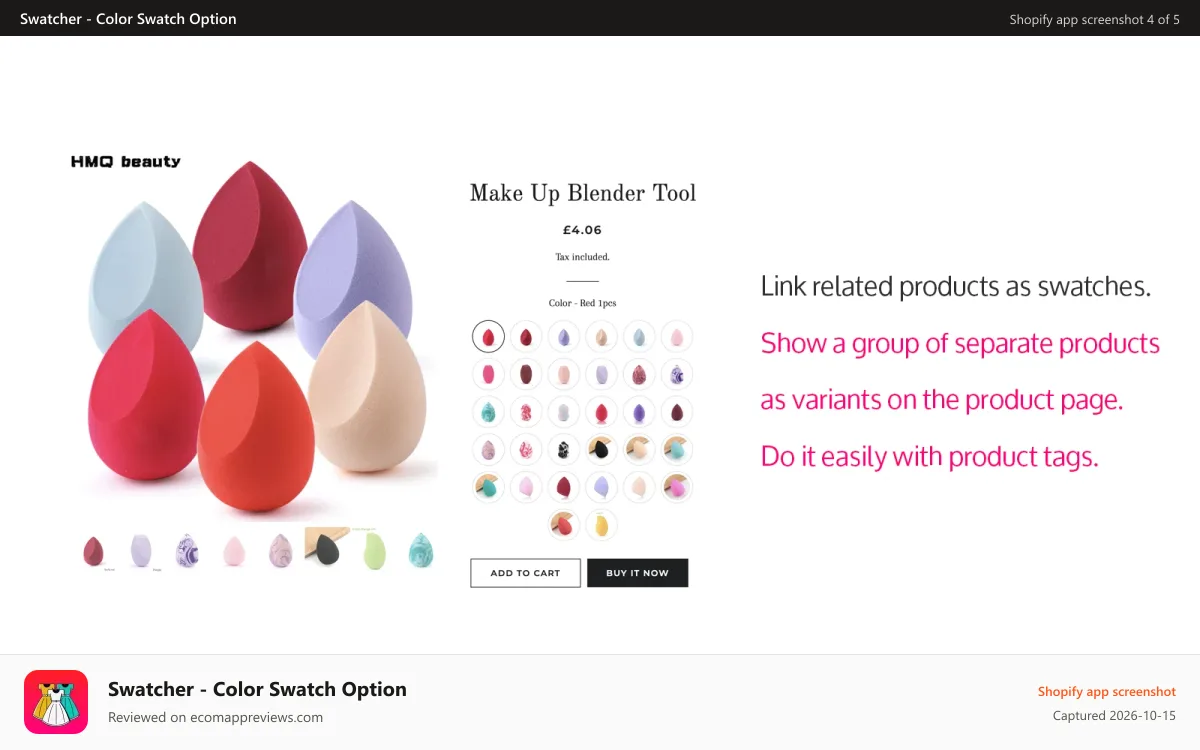 Swatcher ‑ Color Swatch Option Shopify app screenshot: Show a group of separate products as variants on a product page
