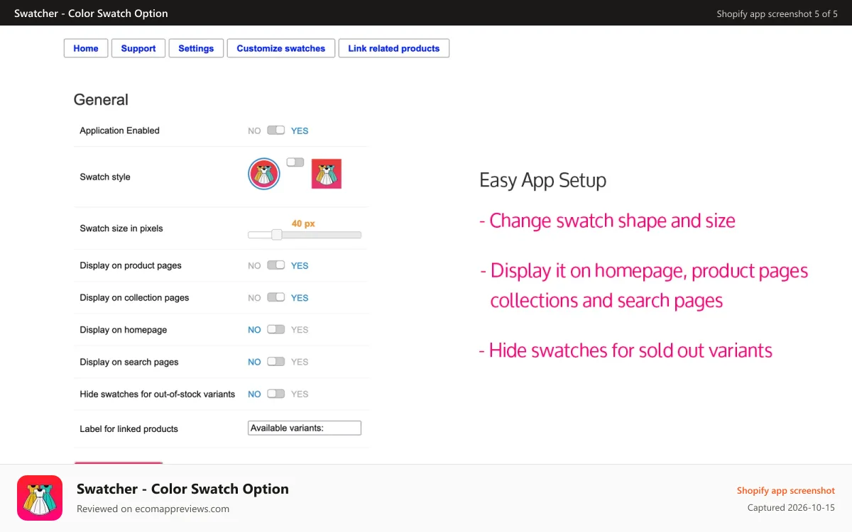 Swatcher ‑ Color Swatch Option Shopify app screenshot: View of the application panel
