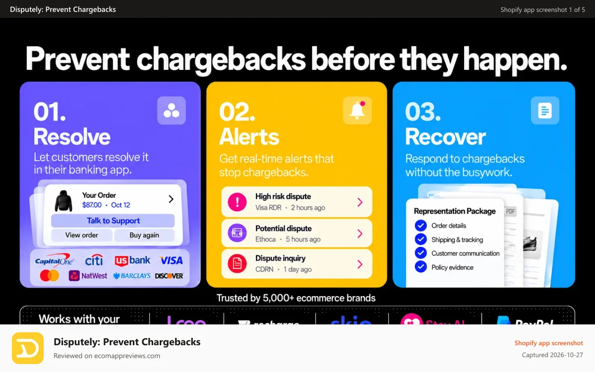 Disputely: Prevent Chargebacks Shopify app screenshot: Prevent Chargebacks before they happen