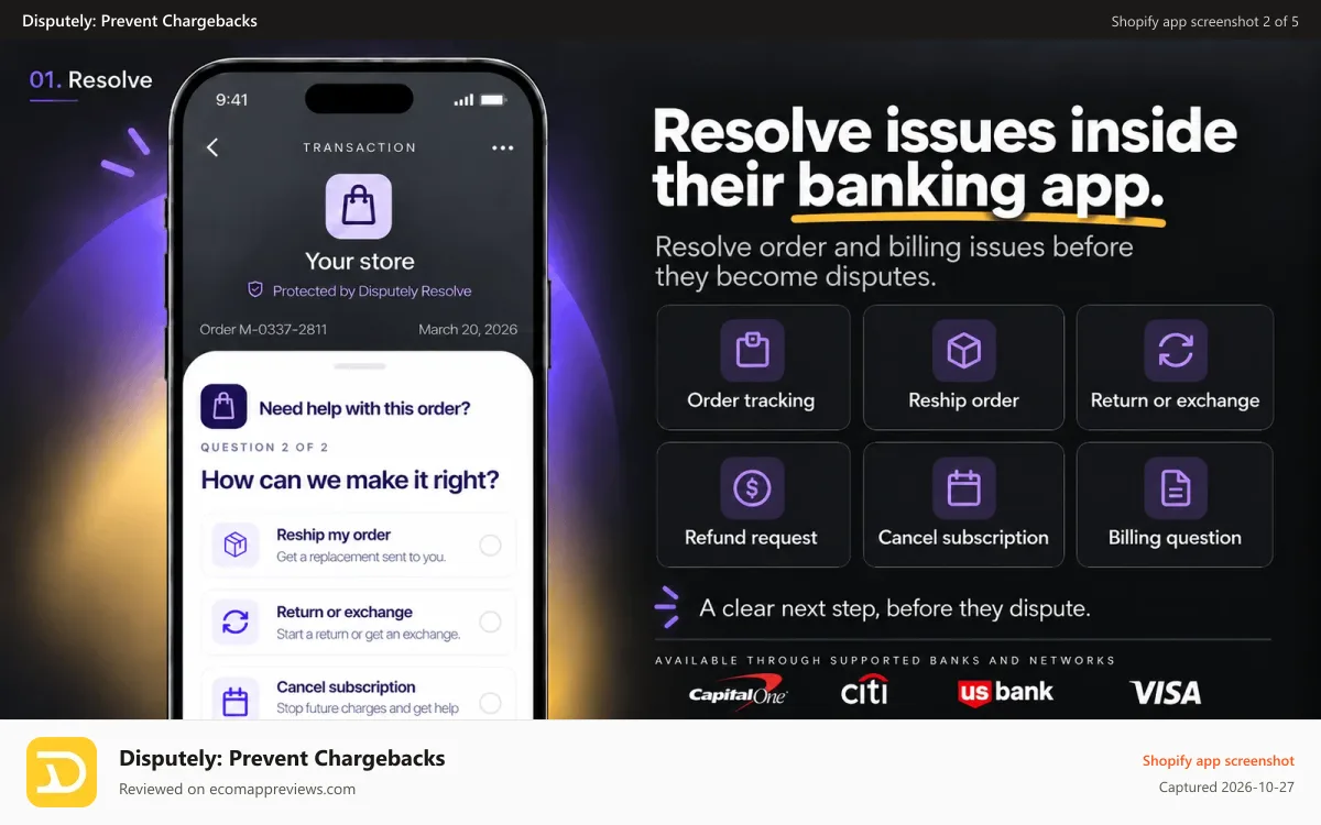 Disputely: Prevent Chargebacks Shopify app screenshot: Resolve Disputes inside the Bank