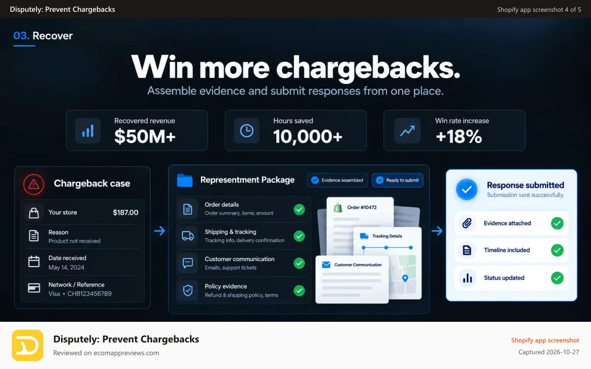 Disputely: Prevent Chargebacks Shopify app screenshot: Win Chargebacks Automatically