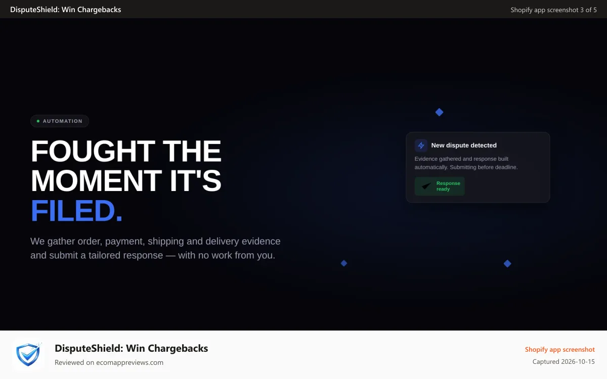DisputeShield: Win Chargebacks Shopify app screenshot: Automatic chargeback management