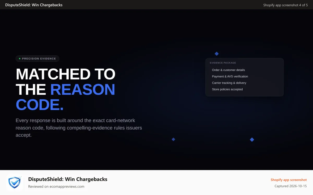 DisputeShield: Win Chargebacks Shopify app screenshot: VISA, AMEX, Mastercard tailored responses