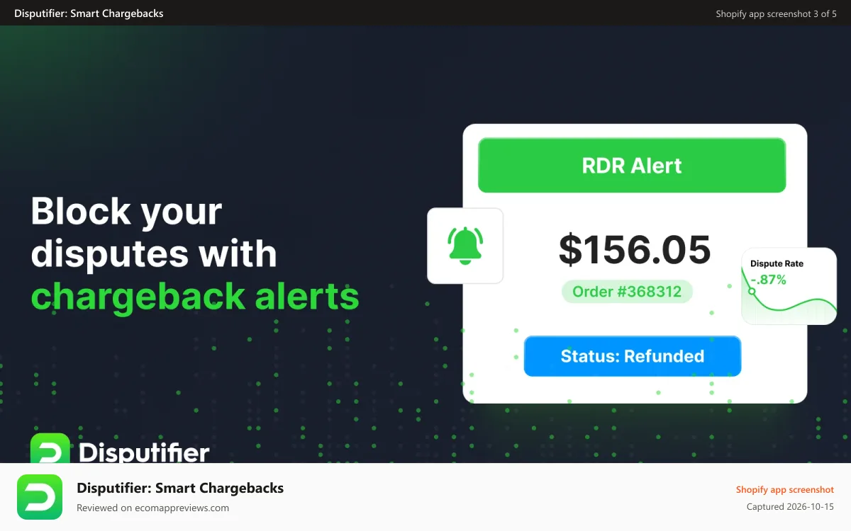 Disputifier: Smart Chargebacks Shopify app screenshot: Block chargebacks with verifi and ethoca chargeback alerts