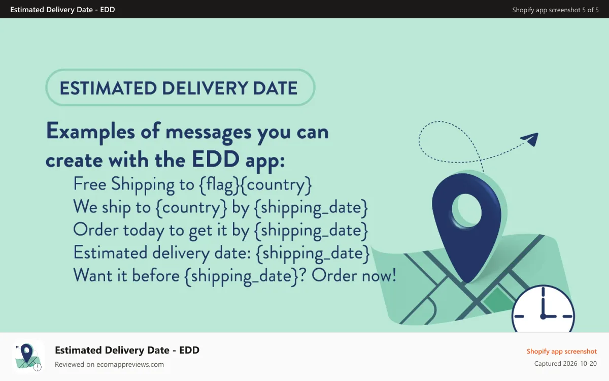 Estimated Delivery Date ‑ EDD Shopify app screenshot: messages with estimated delivery date