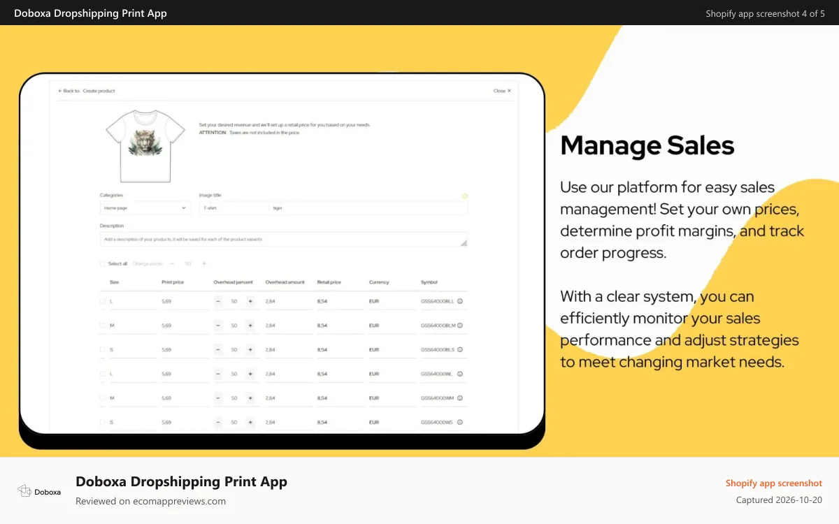 Doboxa Dropshipping Print App Shopify app screenshot: Manage sales, choose your products name, description and prices