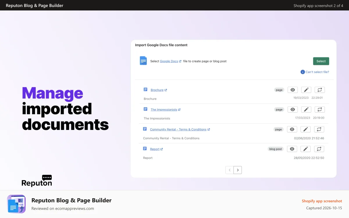 Reputon Blog & Page Builder Shopify app screenshot: app settings