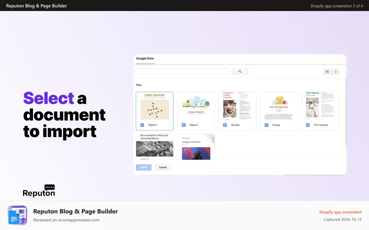 Reputon Blog & Page Builder Shopify app screenshot: select Google Docs file