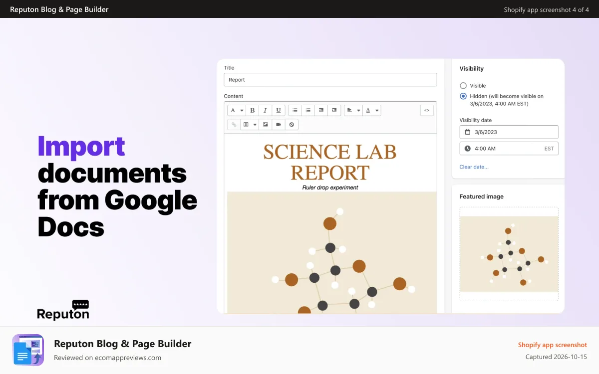 Reputon Blog & Page Builder Shopify app screenshot: create Shopify blog post form Google Docs