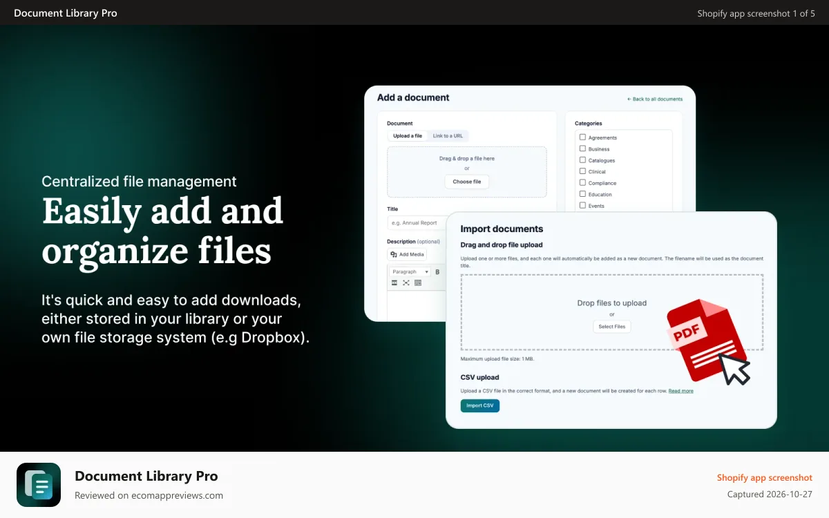 Document Library Pro Shopify app screenshot: Product downloads to a Shopify library