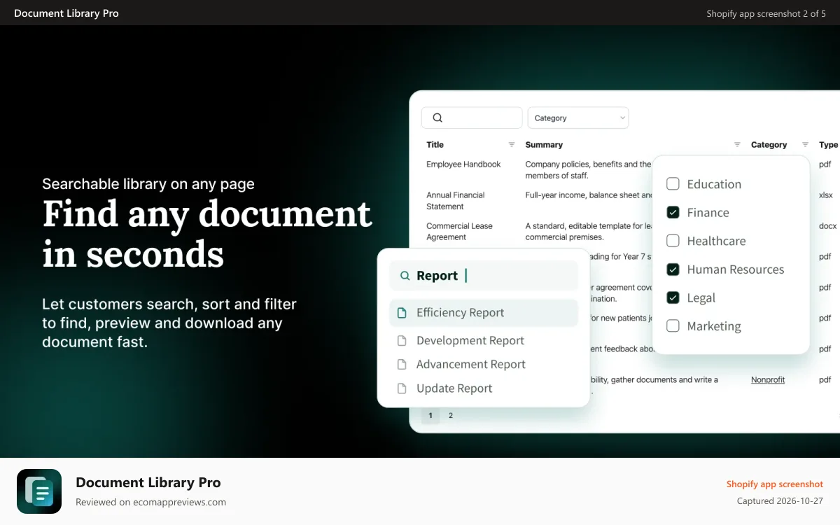 Document Library Pro Shopify app screenshot: Add a searchable document or file library to Shopify products