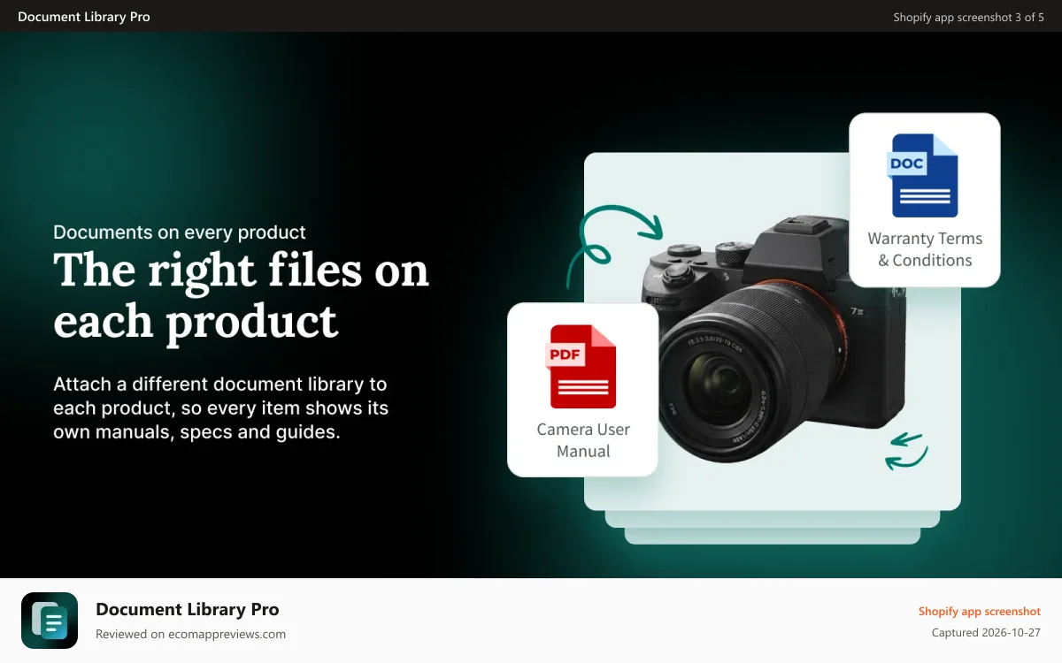 Document Library Pro Shopify app screenshot: Add downloadable products, PDFs and any file type to Shopify.