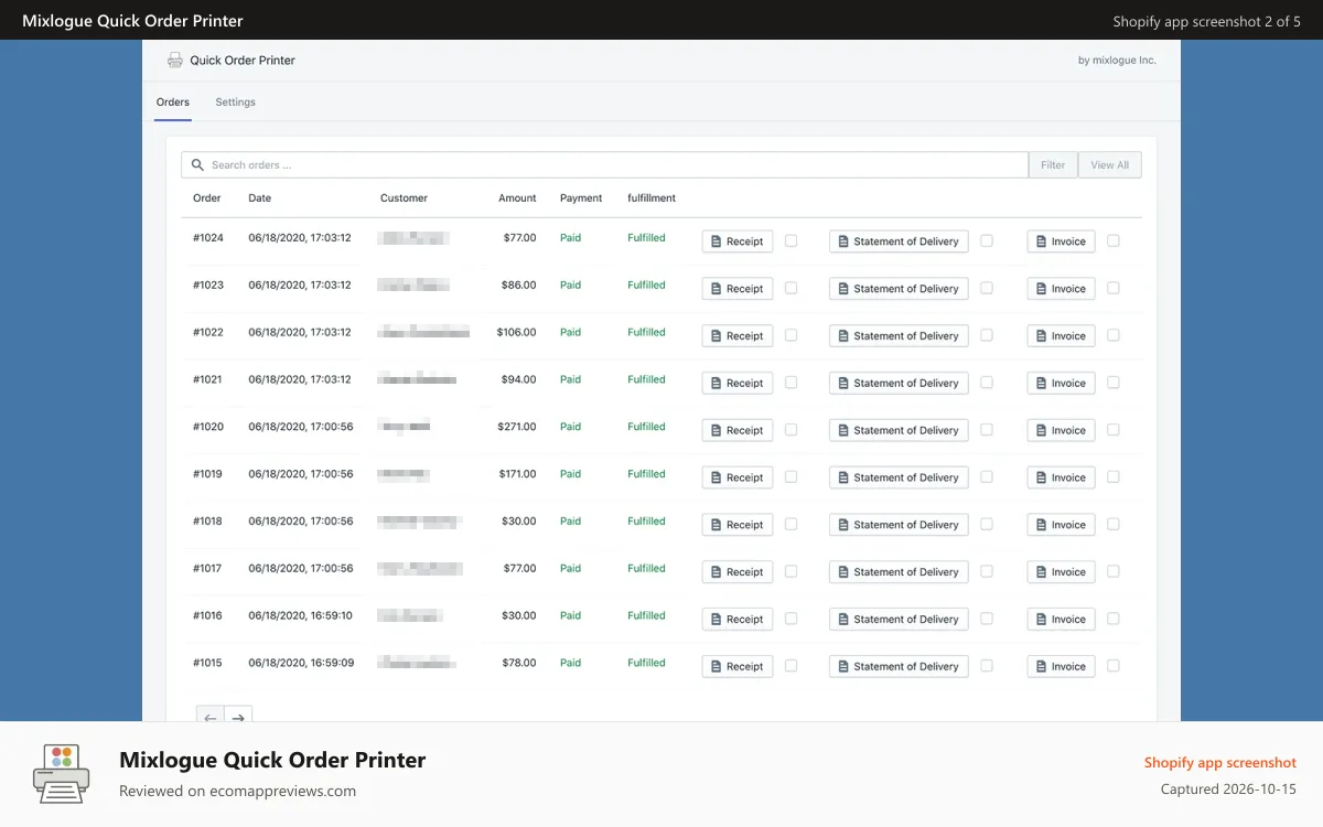 Mixlogue Quick Order Printer Shopify app screenshot: orders