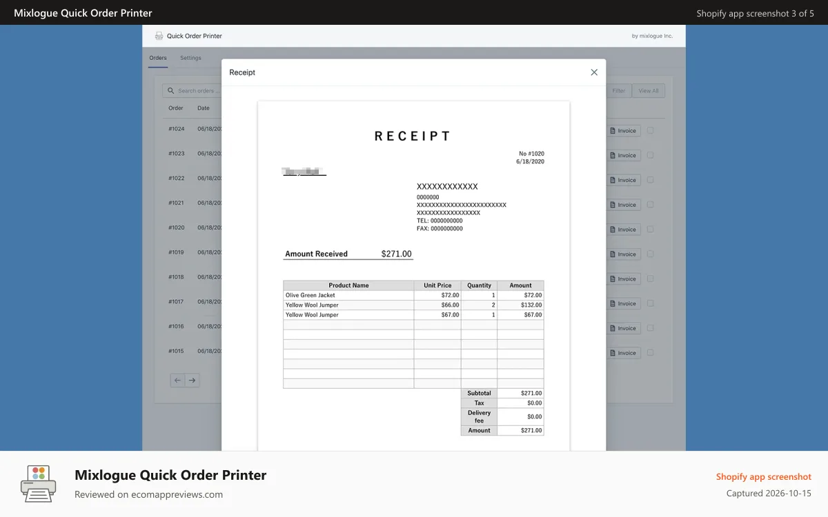 Mixlogue Quick Order Printer Shopify app screenshot: receipt