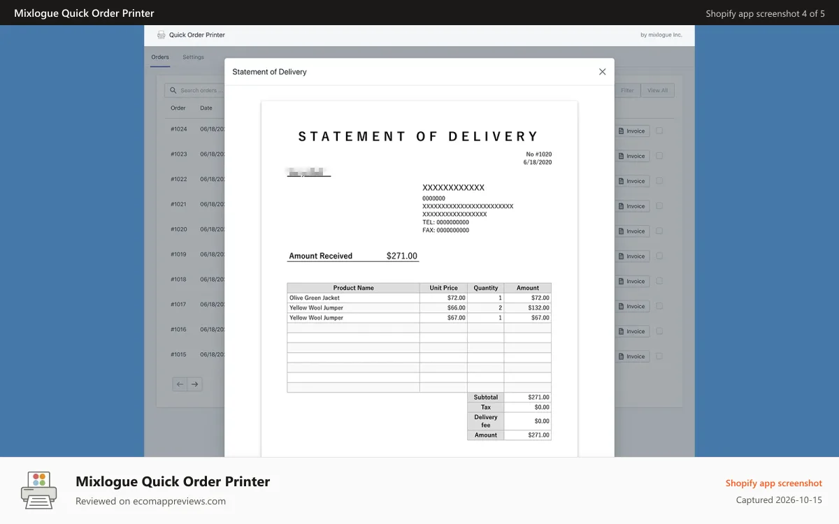Mixlogue Quick Order Printer Shopify app screenshot: delivery