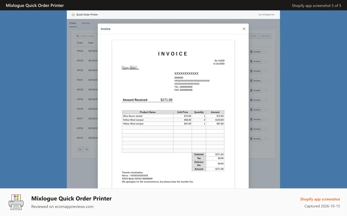 Mixlogue Quick Order Printer Shopify app screenshot: invoice