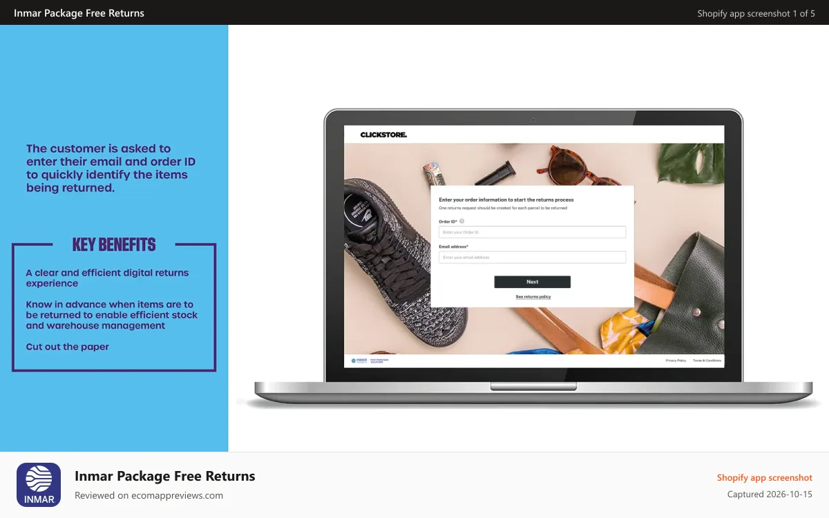 Inmar Package Free Returns Shopify app screenshot: Customer Enters Order ID