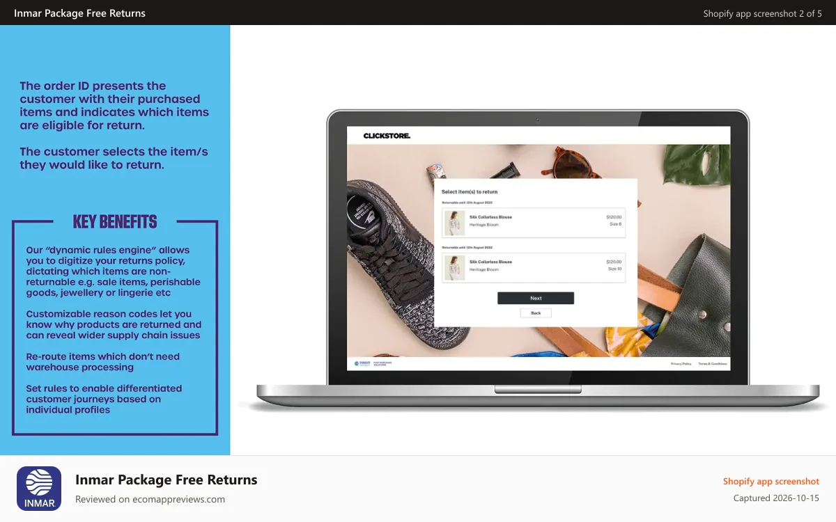 Inmar Package Free Returns Shopify app screenshot: Customer Selects Item To Return