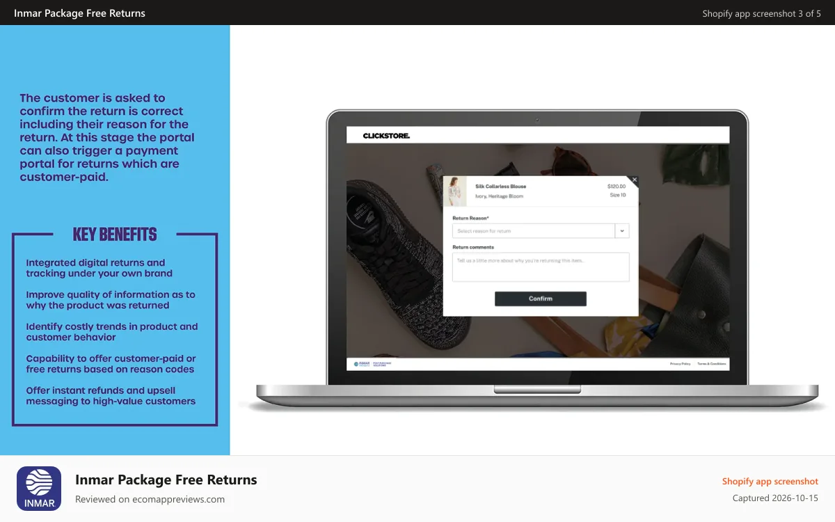 Inmar Package Free Returns Shopify app screenshot: Customer Selects Reason Code