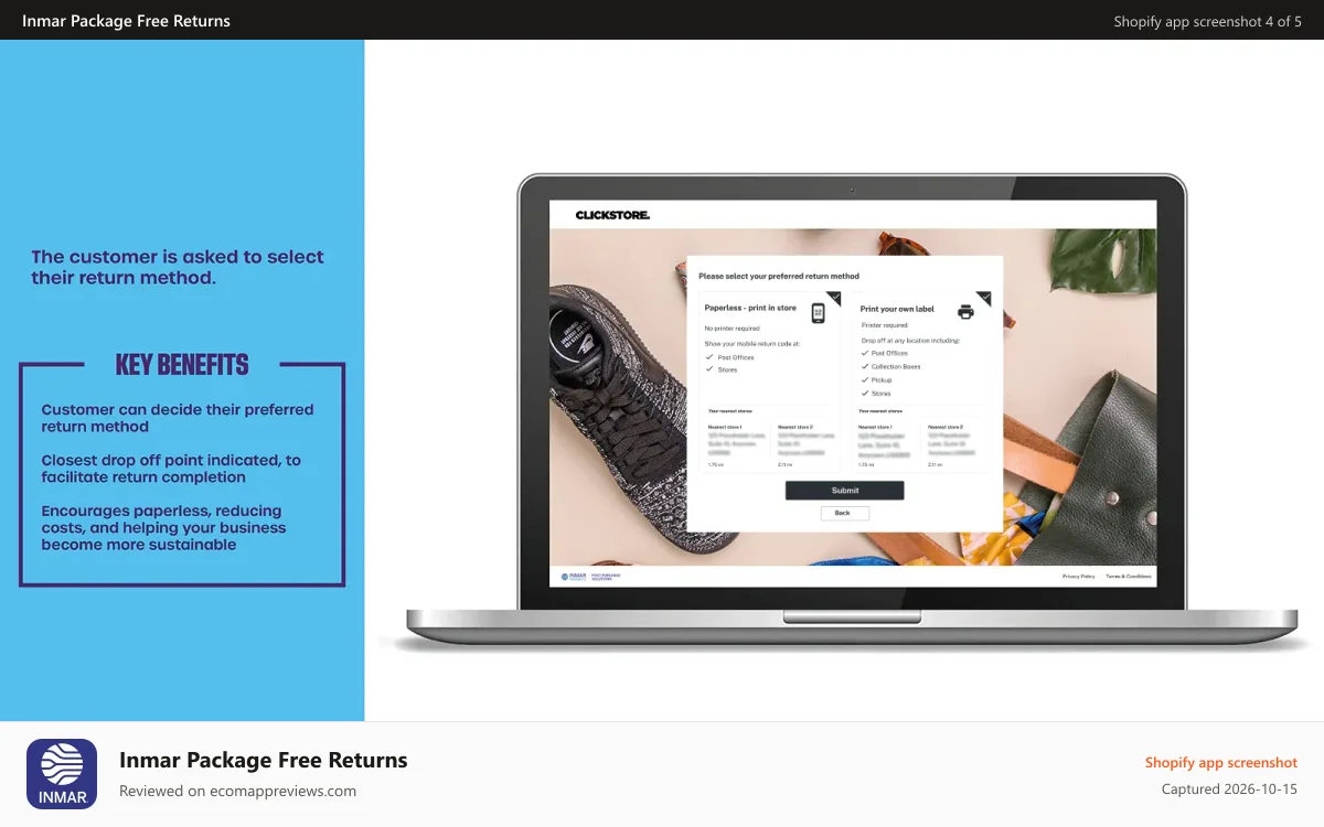 Inmar Package Free Returns Shopify app screenshot: Customer Selects Paperless Return or Print Label