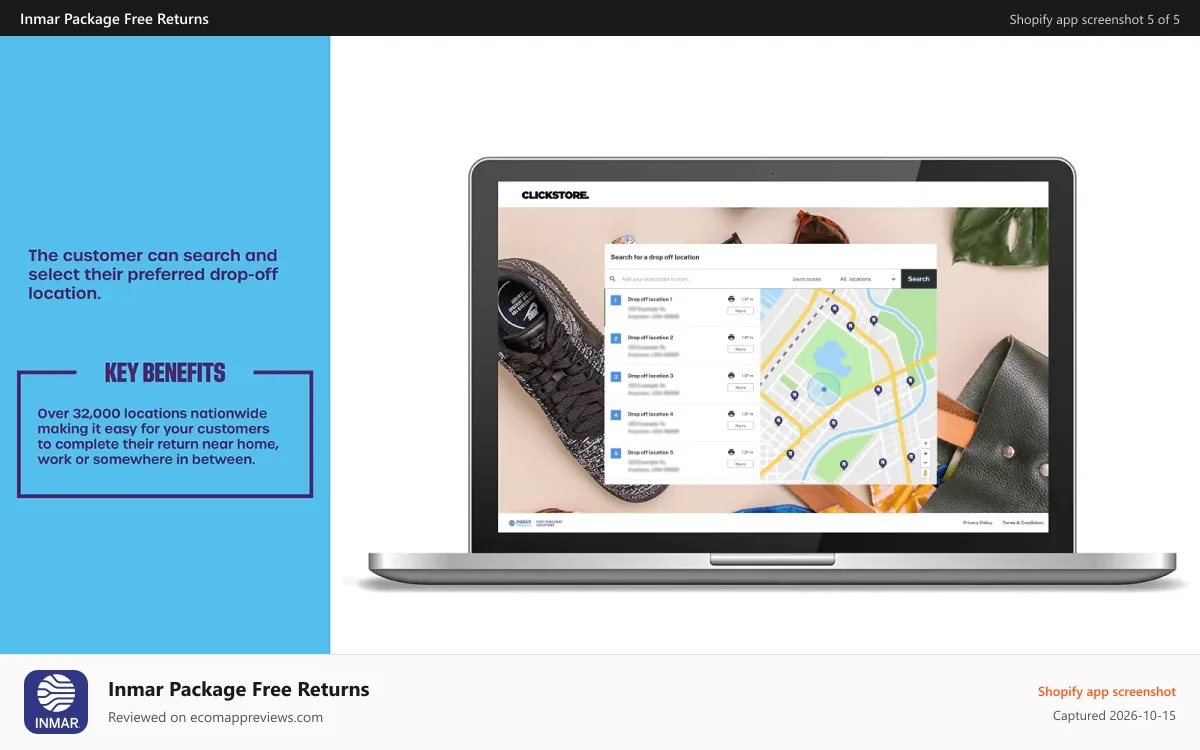 Inmar Package Free Returns Shopify app screenshot: Customer Can Select a Drop Off Location