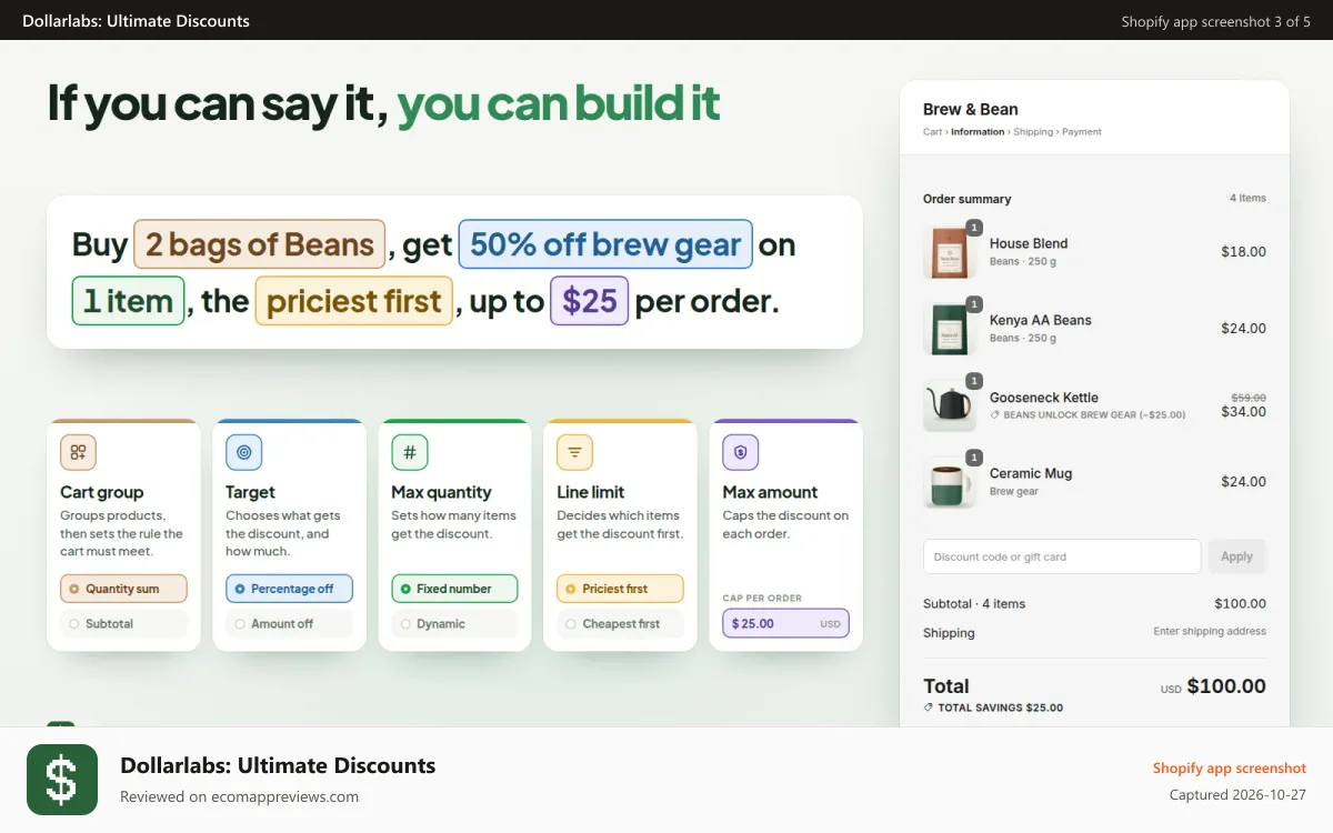 Dollarlabs: Ultimate Discounts Shopify app screenshot: Build any discount possible with our discount function builder