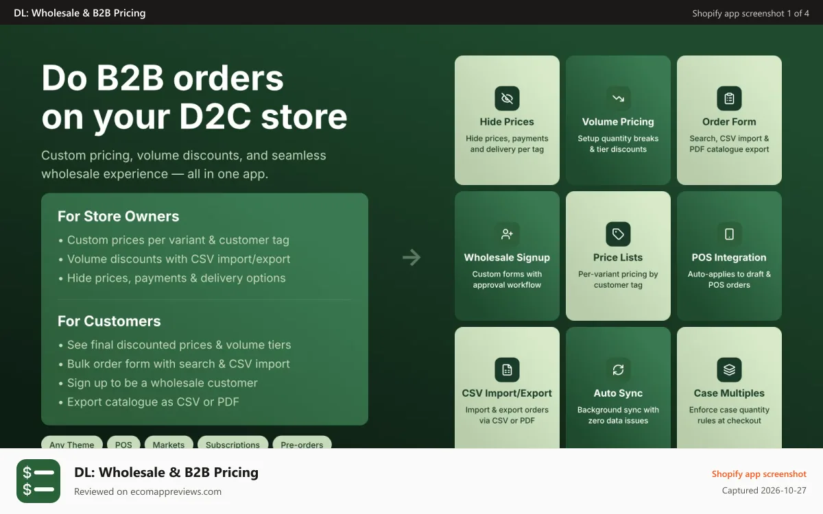 DL: Wholesale & B2B Pricing Shopify app screenshot: B2B orders on your D2C Shopify store without using draft orders.