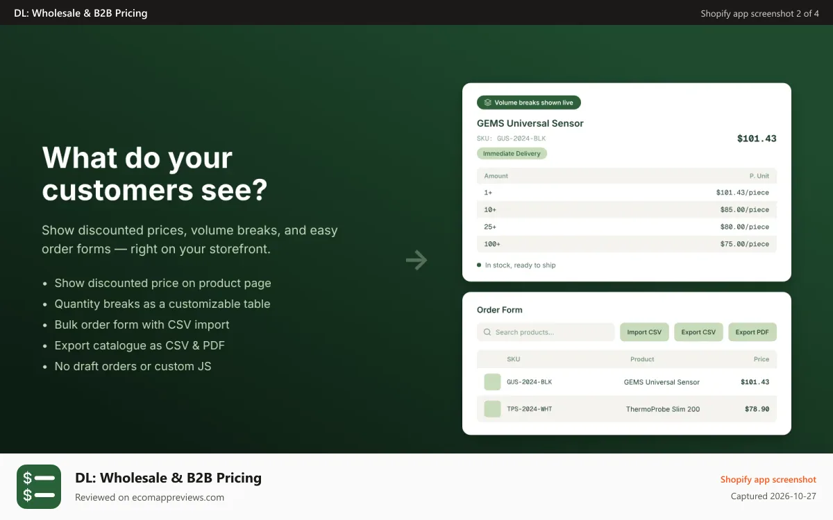 DL: Wholesale & B2B Pricing Shopify app screenshot: Show final price w/tiers & case qty + CSV bulk order form