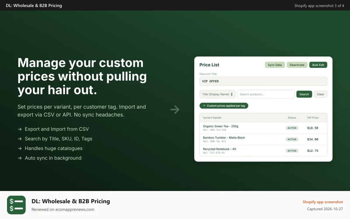 DL: Wholesale & B2B Pricing Shopify app screenshot: Manage prices easily using the inbuilt editor or import from CSV