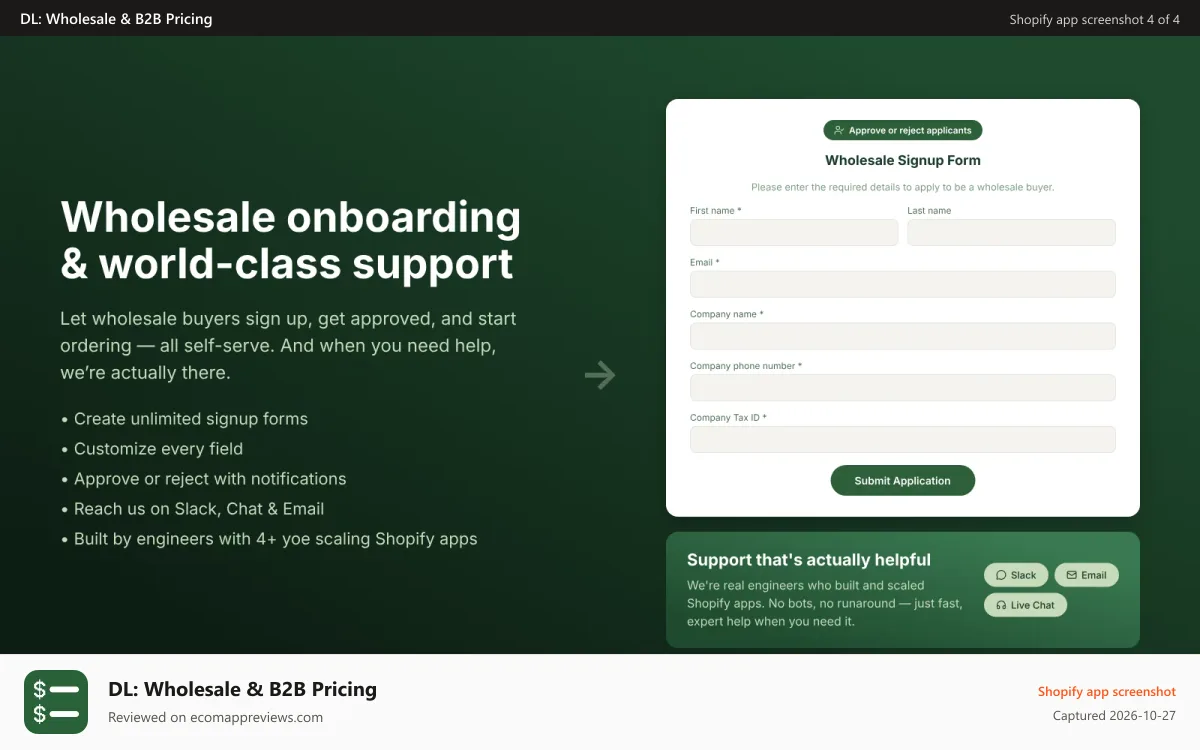 DL: Wholesale & B2B Pricing Shopify app screenshot: About us and the way we build stuff :)