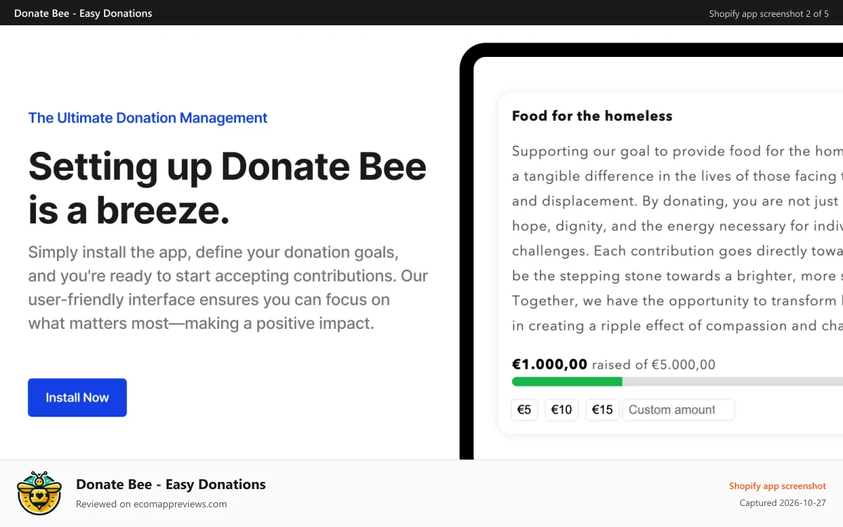 Donate Bee ‑ Easy Donations Shopify app screenshot: Setting up Donate Bee is a breeze.