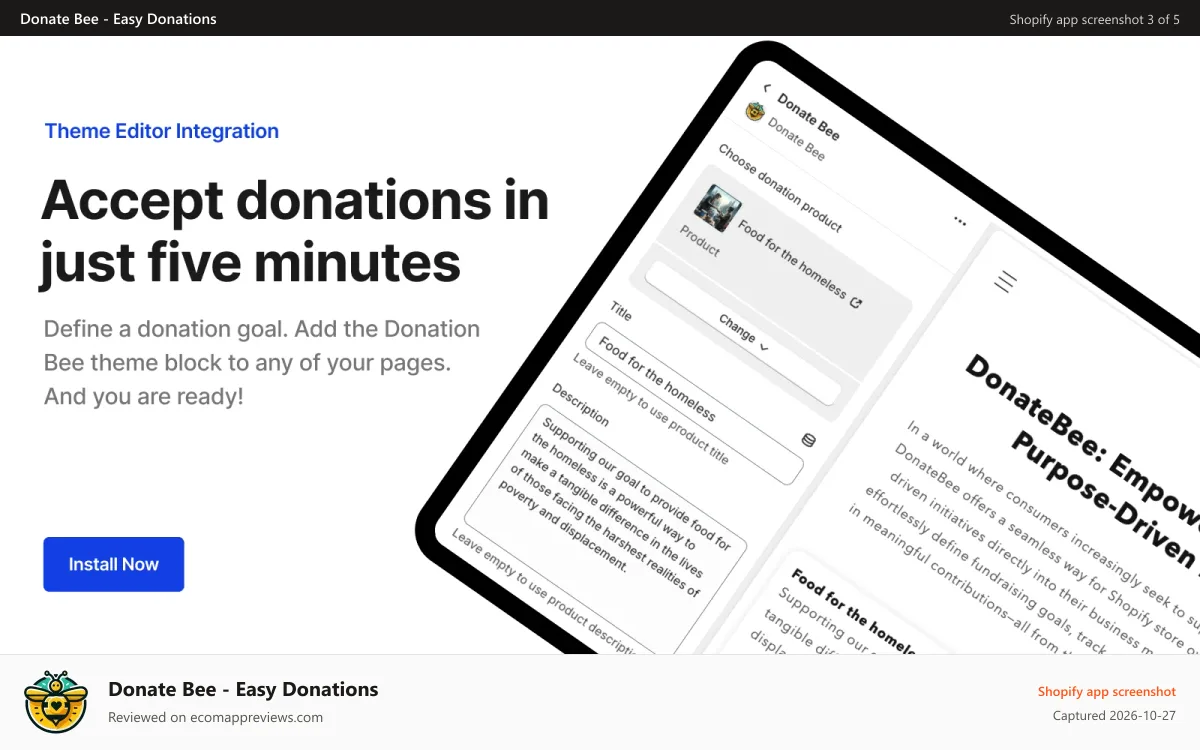 Donate Bee ‑ Easy Donations Shopify app screenshot: Accept donations in just five minutes