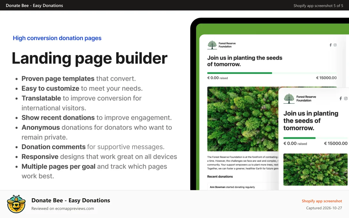 Donate Bee ‑ Easy Donations Shopify app screenshot: Landing page builder
