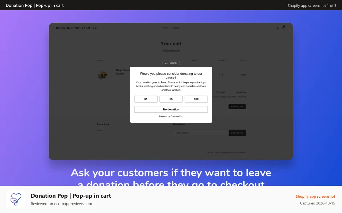 Donation Pop | Pop‑up in cart Shopify app screenshot: Donation Pop modal on site