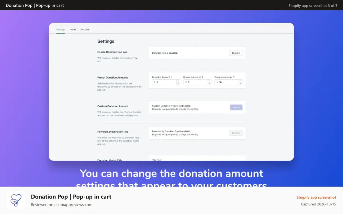 Donation Pop | Pop‑up in cart Shopify app screenshot: Donation Pop app percentage settings