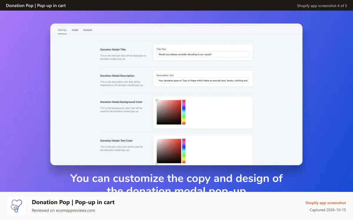 Donation Pop | Pop‑up in cart Shopify app screenshot: Donation Pop app modal design settings