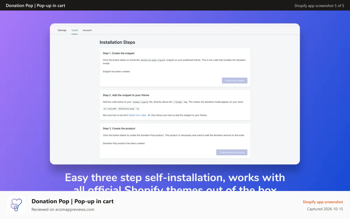 Donation Pop | Pop‑up in cart Shopify app screenshot: Donation Pop app installation steps