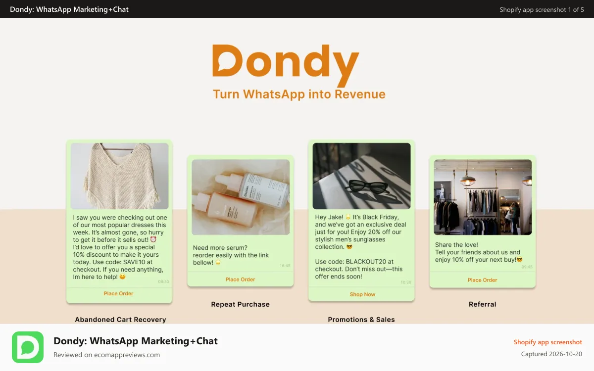 Dondy: WhatsApp Marketing+Chat Shopify app screenshot: marketing, sales, operation and ai support on WhatsApp