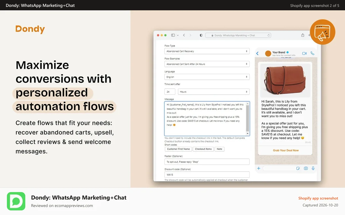 Dondy: WhatsApp Marketing+Chat Shopify app screenshot: Maximize conversions with personalized WhatsApp automation flows