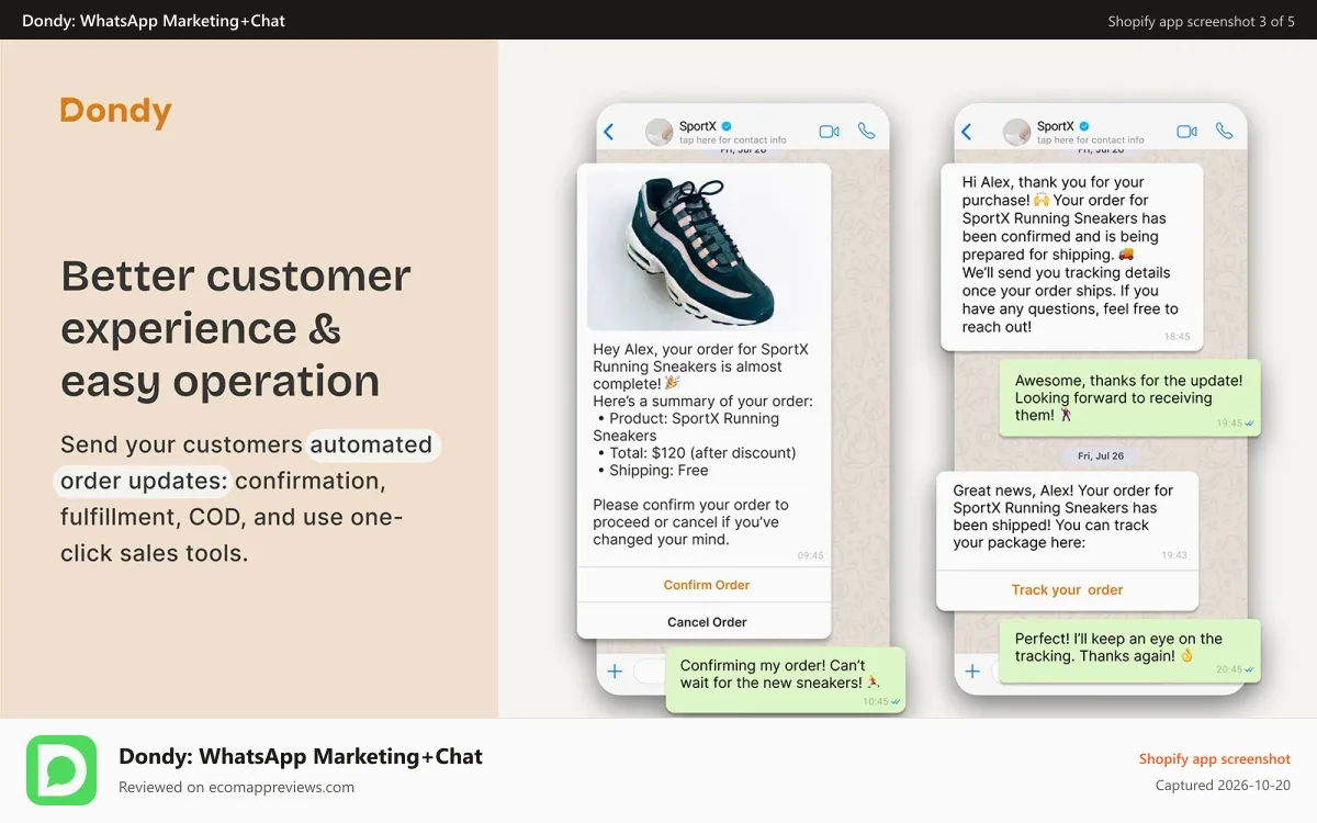 Dondy: WhatsApp Marketing+Chat Shopify app screenshot: Better customer experience and easy operation cod automations