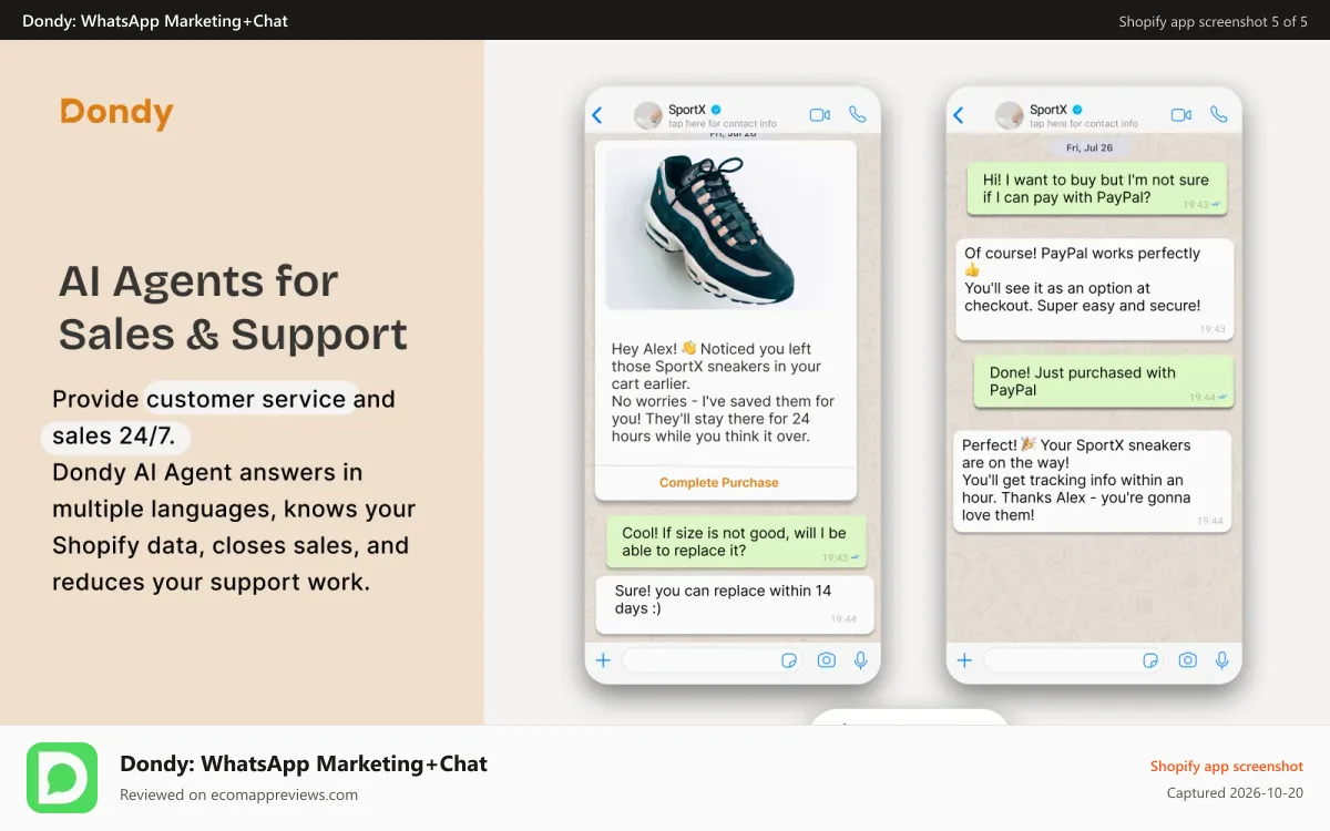 Dondy: WhatsApp Marketing+Chat Shopify app screenshot: WhatsApp ai agents for support and sales
