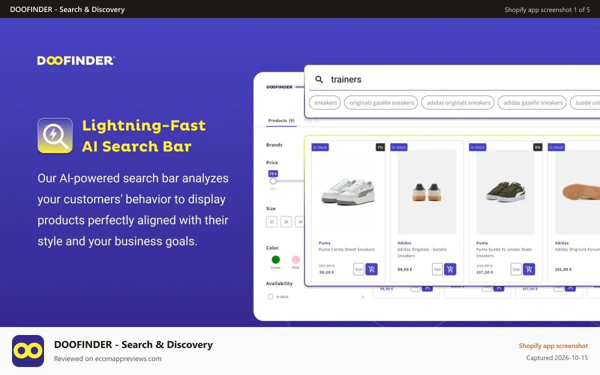 DOOFINDER ‑ Search & Discovery Shopify app screenshot: Lightning-Fast AI Search Bar