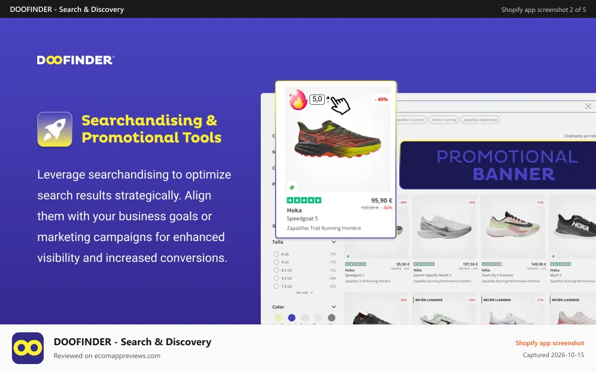 DOOFINDER ‑ Search & Discovery Shopify app screenshot: Searchindising & Promotional Tools
