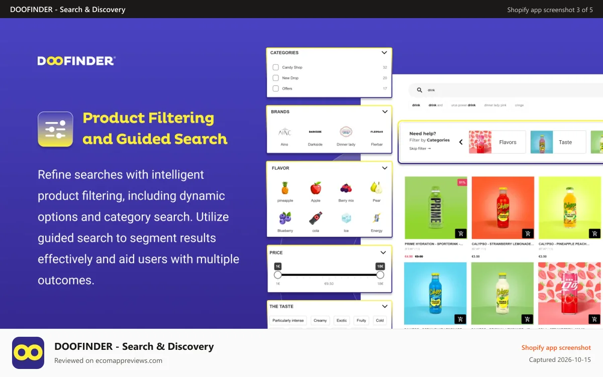 DOOFINDER ‑ Search & Discovery Shopify app screenshot: Product Filtering and Guided Search