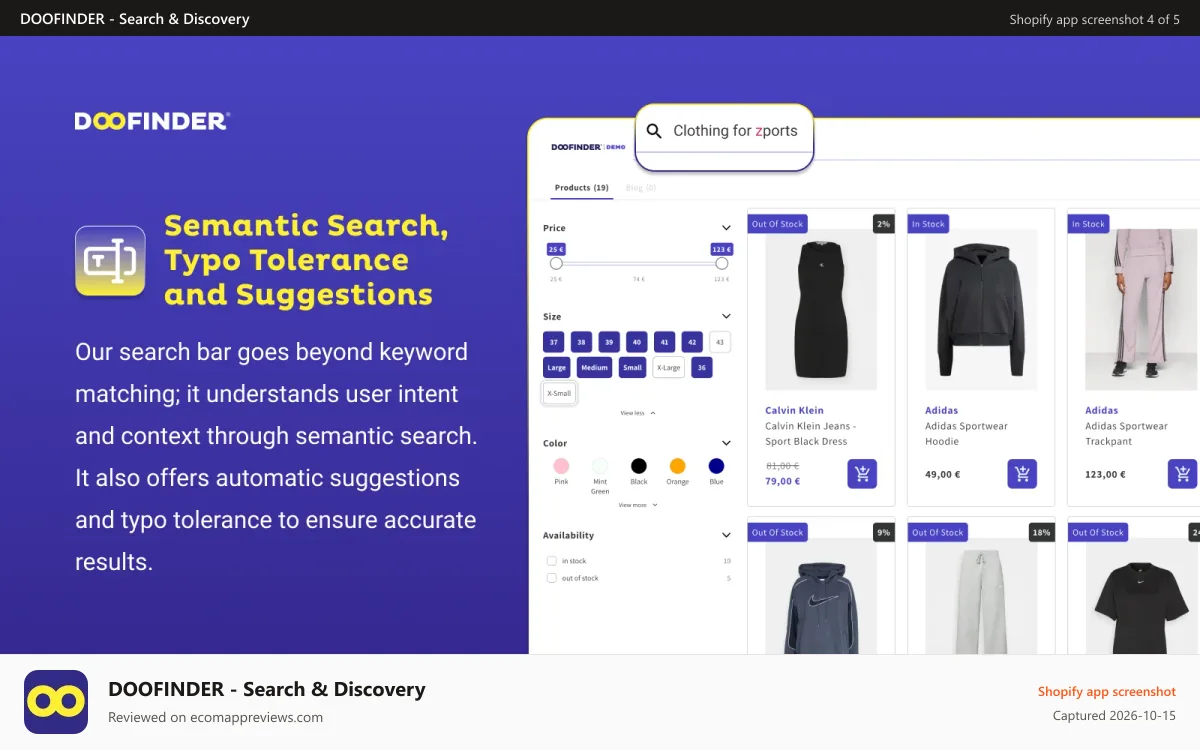 DOOFINDER ‑ Search & Discovery Shopify app screenshot: Semantic Search, Typo Tolerance & Suggestions